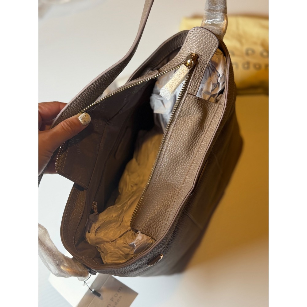 Pom Pom London Hampstead Leather Bucket Bag Mocha Taupe Crossbody Gold Hardware - Picture 10 of 11